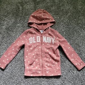 Old Navy Rose Color Size 5 Kids Hoodie w/ White Heart Accents